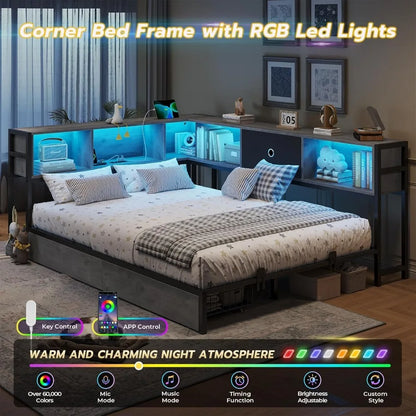 dictac corner full bed frame with bookcase storage and led lights full size metal platform bed frame with storage drawers & char