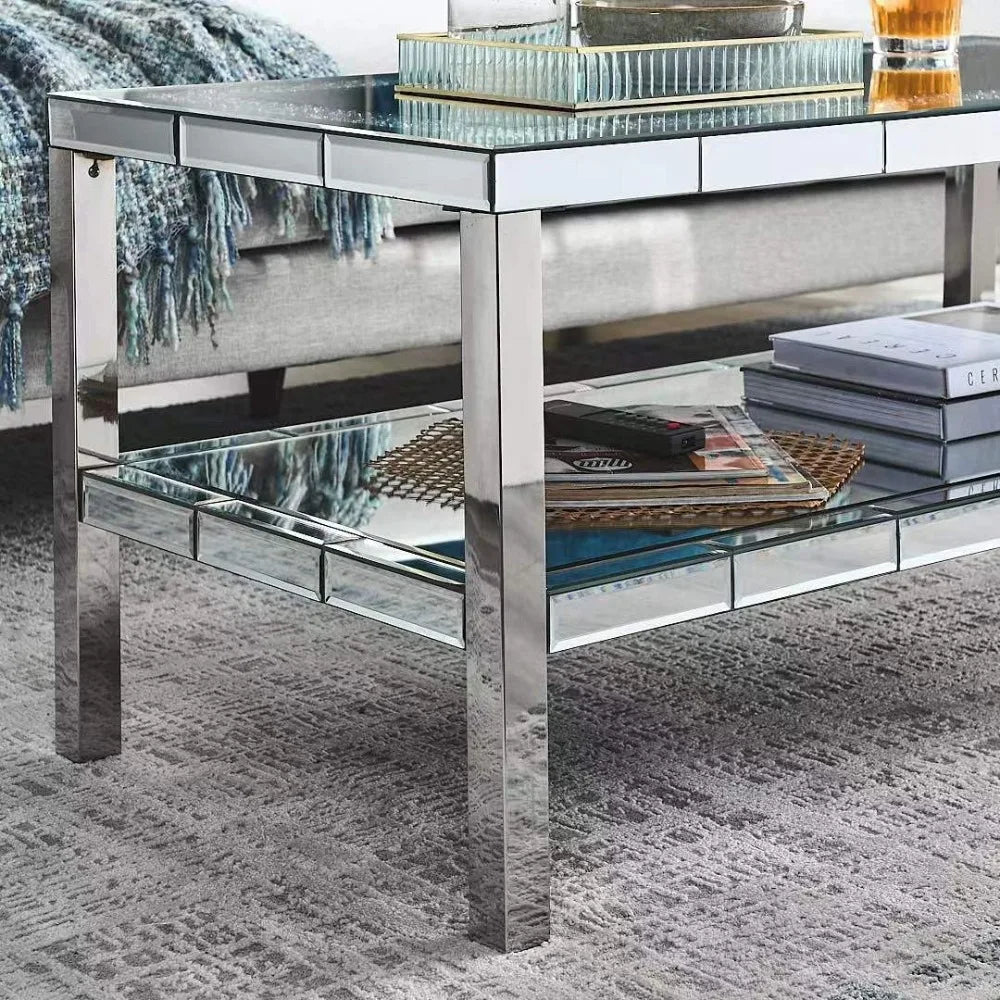Elegant 2 Tiers of Shiny Silver Mirrored Coffee Table, Crystals Inlay,and Stainless Steel Frame,Modern Rectangle Cocktail Table/