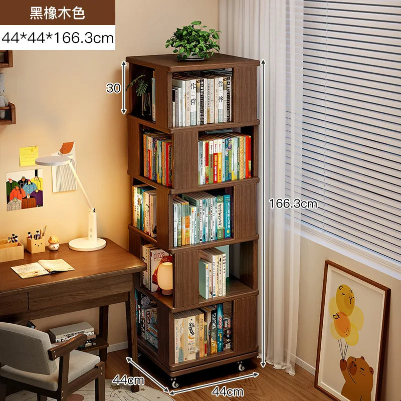Solid wood rotating bookshelf 360 degree floor-standing bookcase storage rack movable corner children's small narrow cabinet