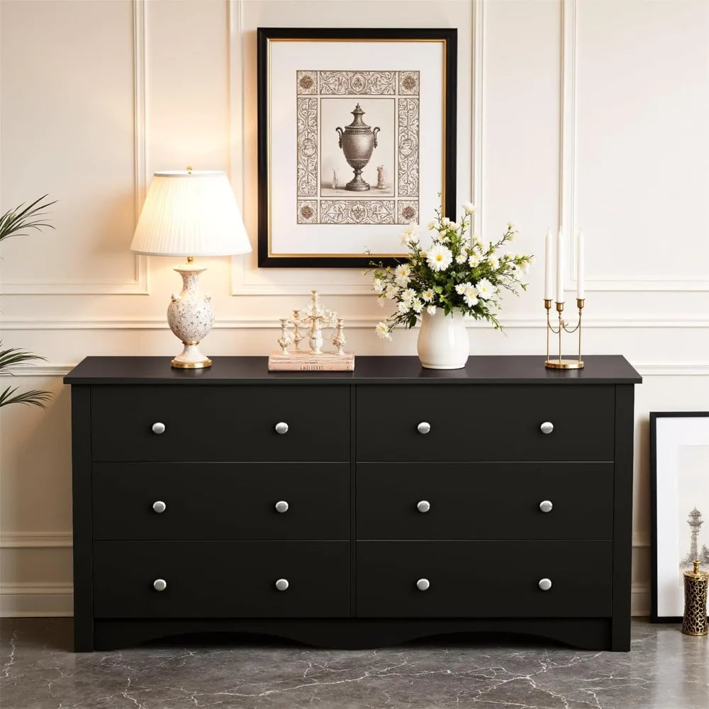 JUMMICO Black Dresser for Bedroom, 6 Wood Dresser Drawers, Wide Chest of Drawers, Storage Tower Unit, Modern Design for Bedroom,