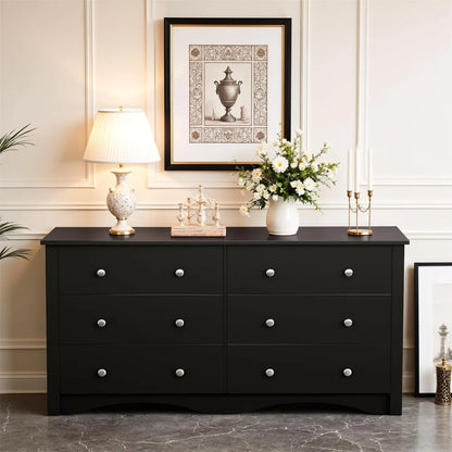JUMMICO Black Dresser for Bedroom, 6 Wood Dresser Drawers, Wide Chest of Drawers, Storage Tower Unit, Modern Design for Bedroom,