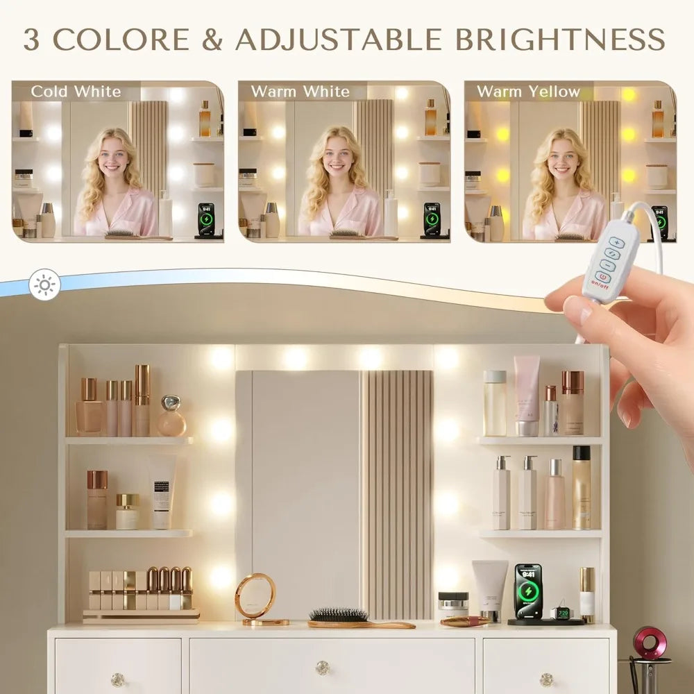 Vanity Desk with Mirror and Lights, Makeup Vanitys Desk with 9 Drawers and 6 Storage Shelves Dressing Table, Vanity Desks