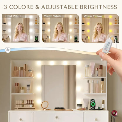 Vanity Desk with Mirror and Lights, Makeup Vanitys Desk with 9 Drawers and 6 Storage Shelves Dressing Table, Vanity Desks