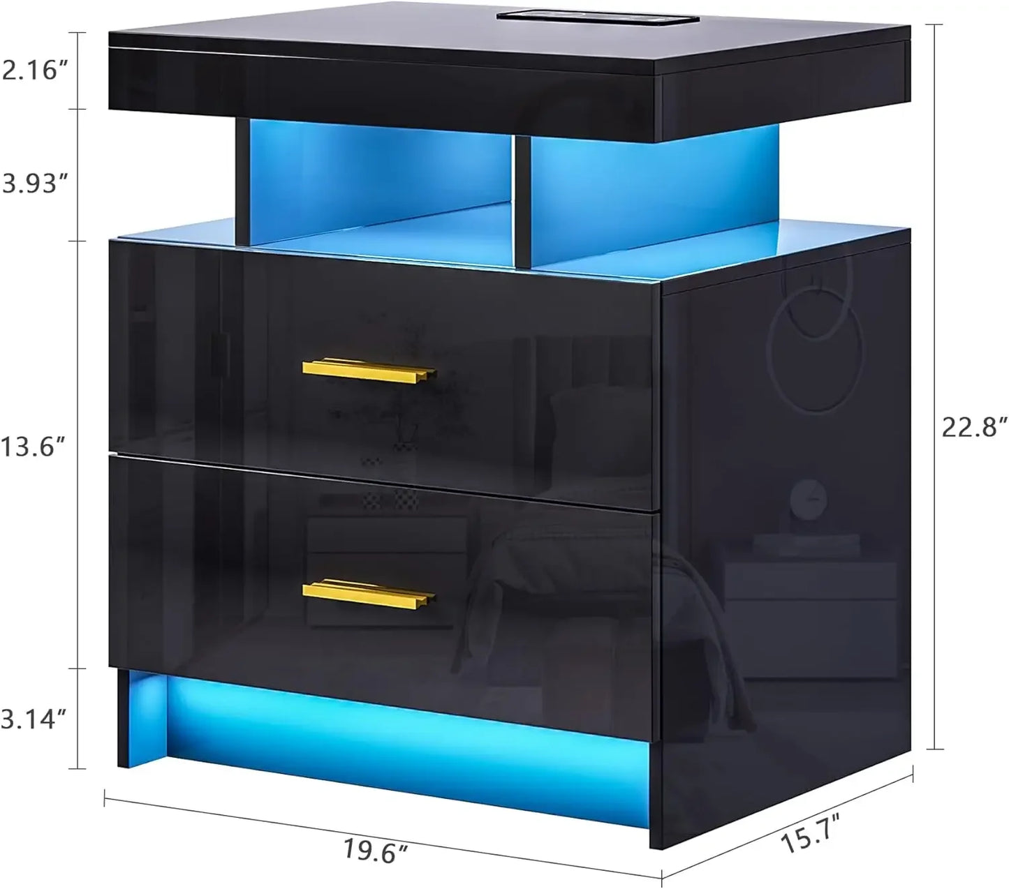 Auto LED Nightstand with Wireless Charging Station & USB Ports,High Gloss Bedside Tables with 2 Drawers,Floating Nightstand