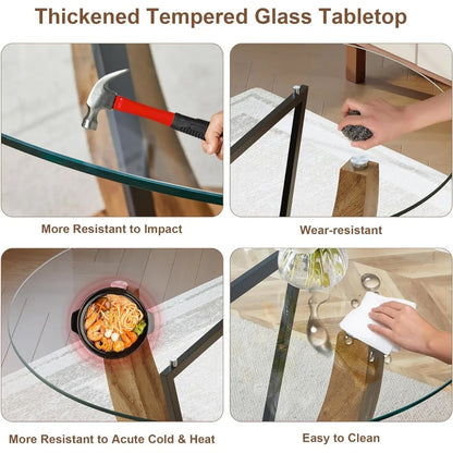 Round Dining Table Set for 4, 48 Inches Kitchen Table with 4 Brown Chairs, Tempered Glass Tabletop with Wood Pedestal Base