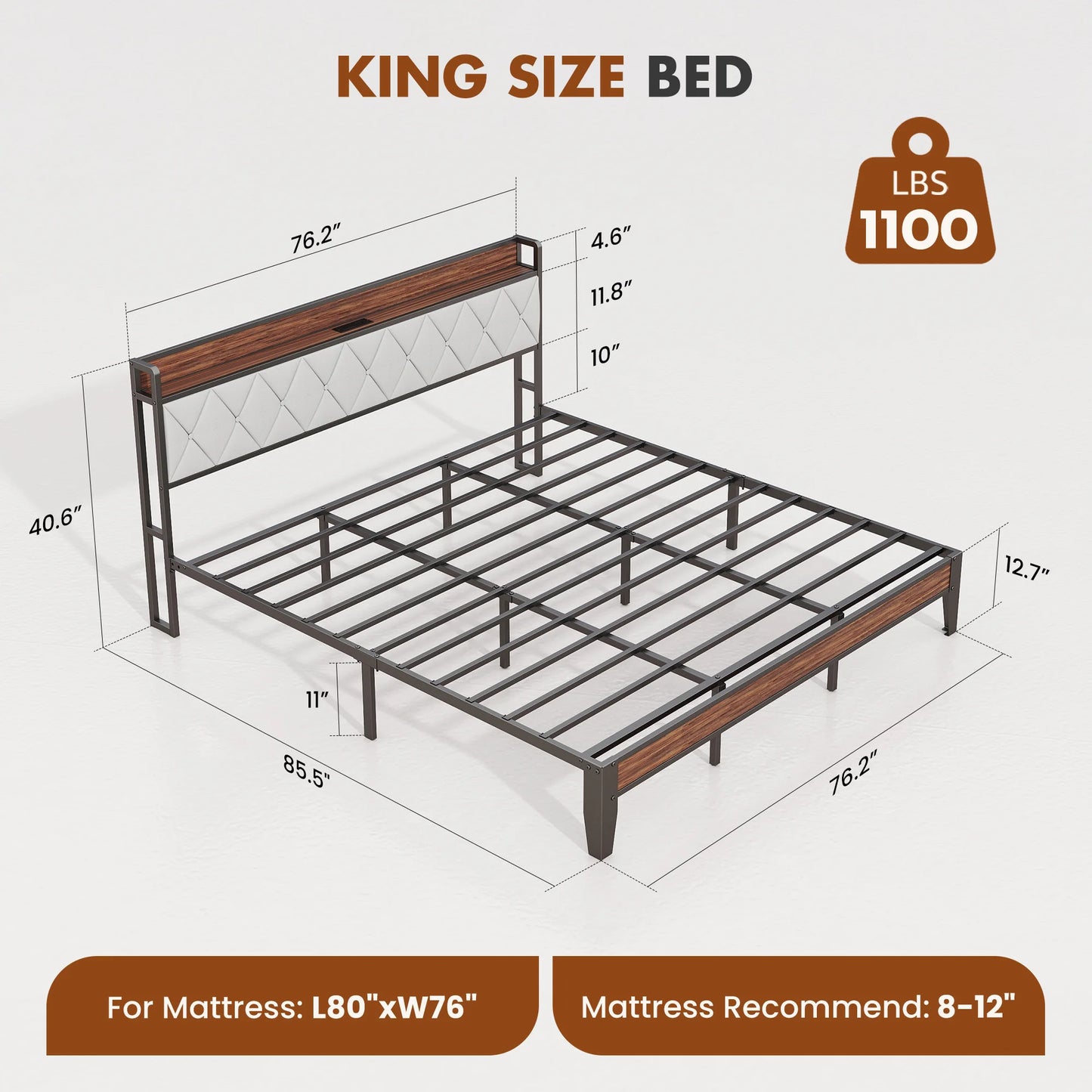 JHK King Size Soft Pack Heavy Duty Metal Bed Frame with Headboard Charging Station 1100lbs Capacity Easy Assembly For Bedroom