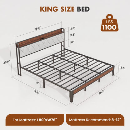 JHK King Size Soft Pack Heavy Duty Metal Bed Frame with Headboard Charging Station 1100lbs Capacity Easy Assembly For Bedroom