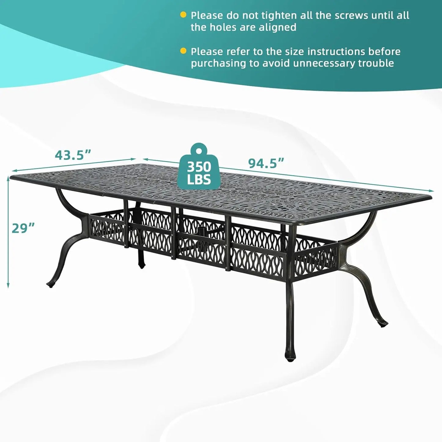 Outdoor 94.5" Rectangle Patio Dining Table, All Weather Cast Aluminum Large Patio Furniture Table Fits for 8-10 Person