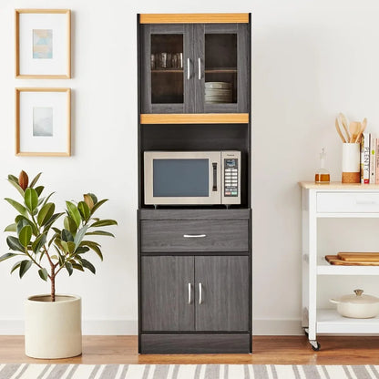 Hodedah Long Standing Kitchen Cabinet with Top and Bottom Enclosed Cabinet Space, One Drawer, Large Open Space for Microwave