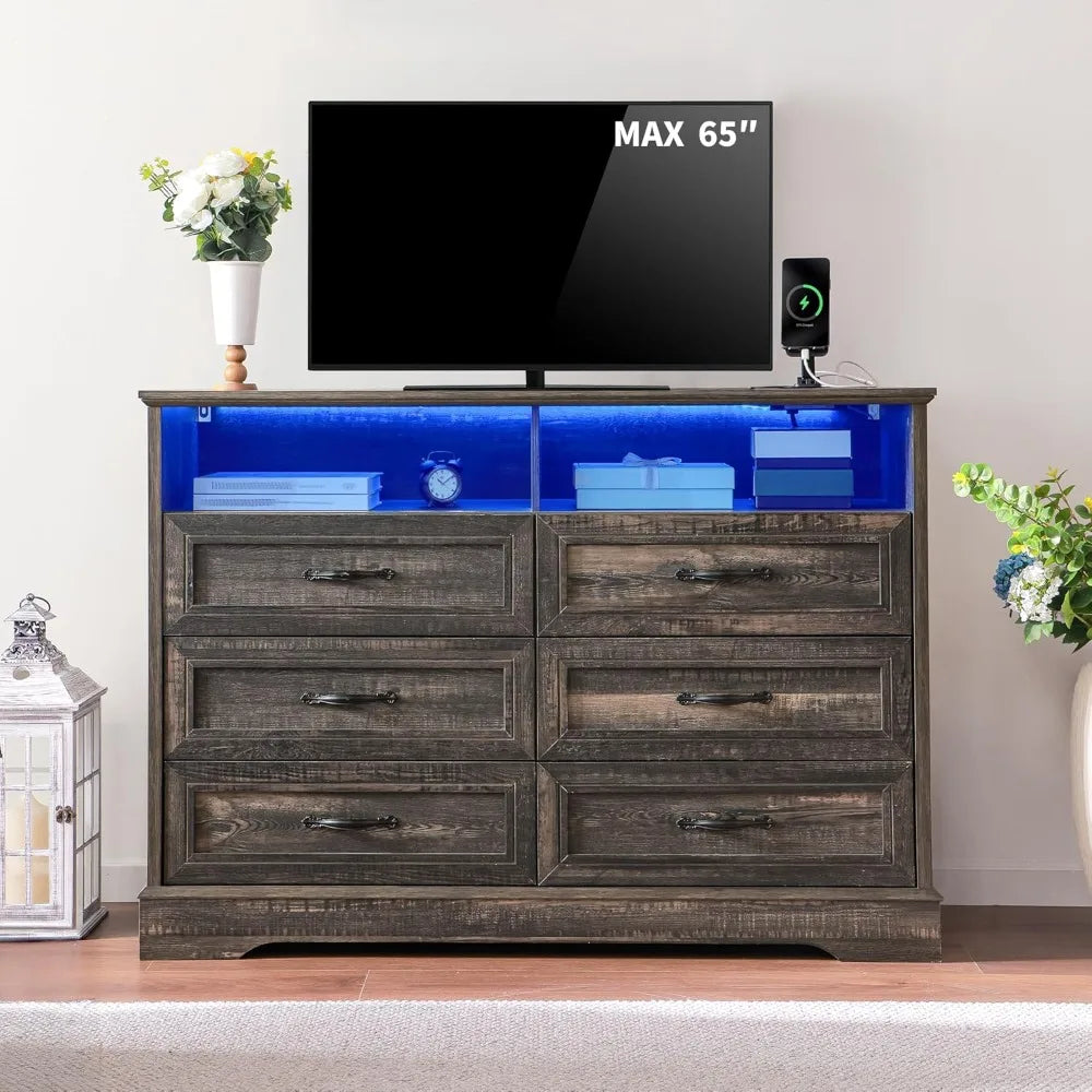 Dressers for Bedroom,6 Drawers Dresser with LED Light,Power Outlets and Open Shelves,Chests of Drawers for 65 inch TV