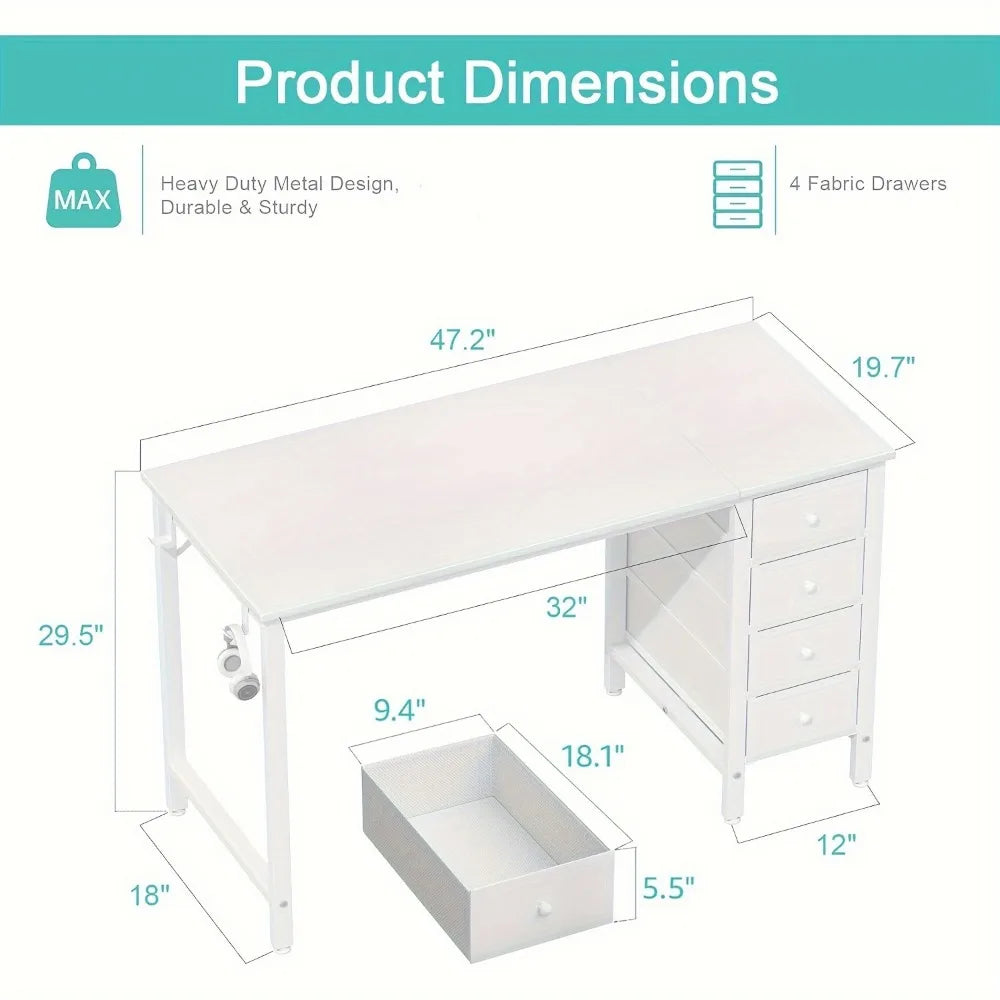 47 Inch Elegant White Computer Desk with Fabric Drawer - Modern, Chic Study Workstation, Ideal for Home Office & Bedroom