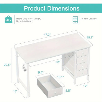 47 Inch Elegant White Computer Desk with Fabric Drawer - Modern, Chic Study Workstation, Ideal for Home Office & Bedroom