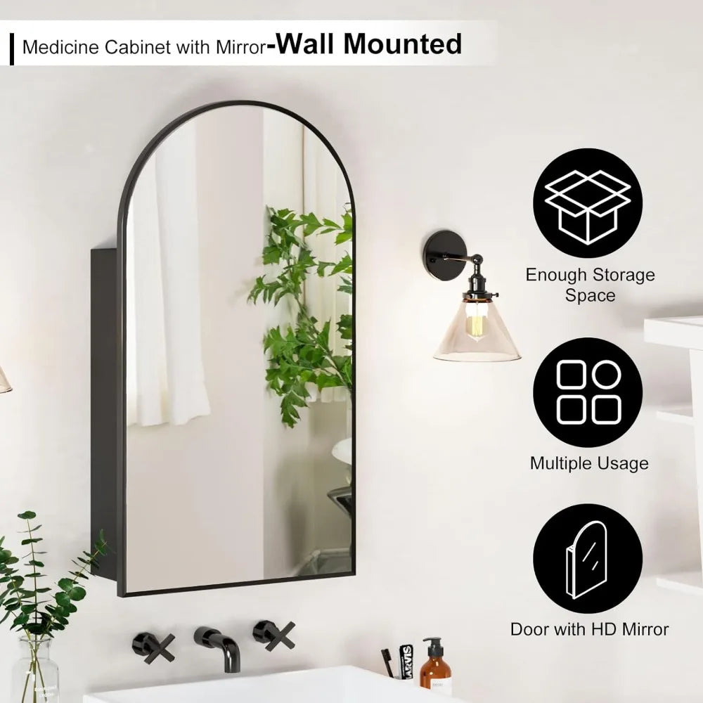 Black Arched Medicine Cabinets with Mirror,Semi Medicine Cabinet for Bathroom,Metal Framed Brushed Black Medicine Cabinet Surfac