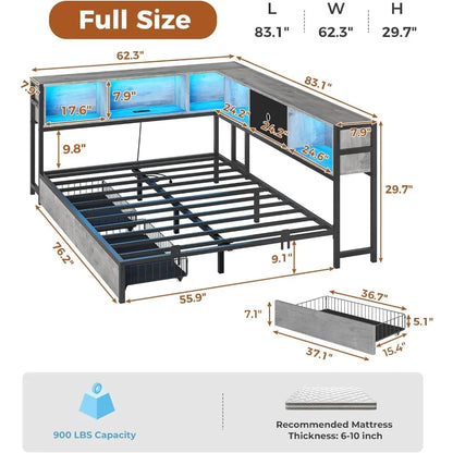 dictac corner full bed frame with bookcase storage and led lights full size metal platform bed frame with storage drawers & char