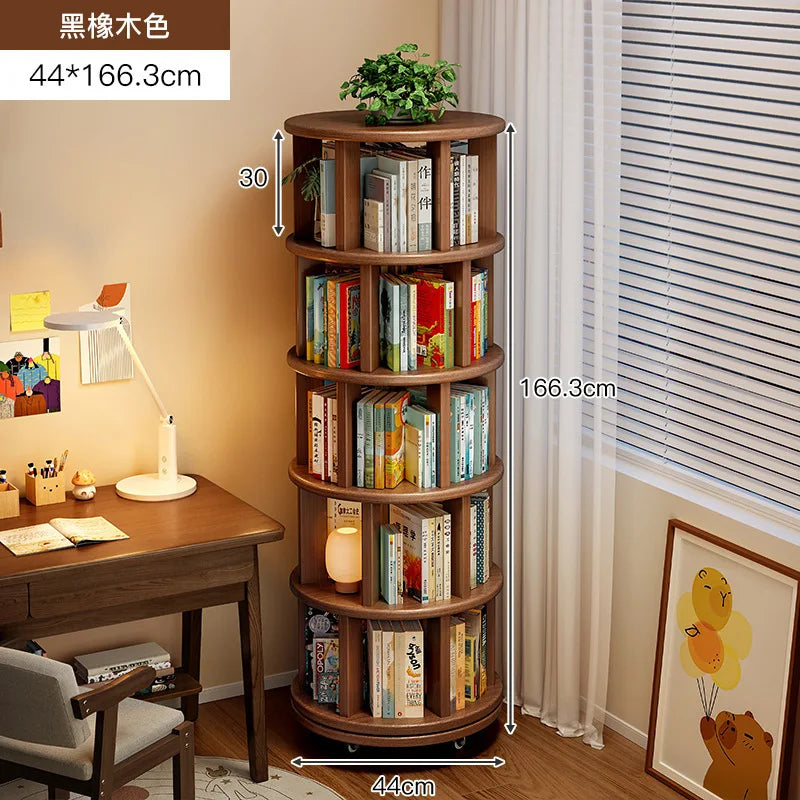 Solid wood rotating bookshelf 360 degree floor-standing bookcase storage rack movable corner children's small narrow cabinet