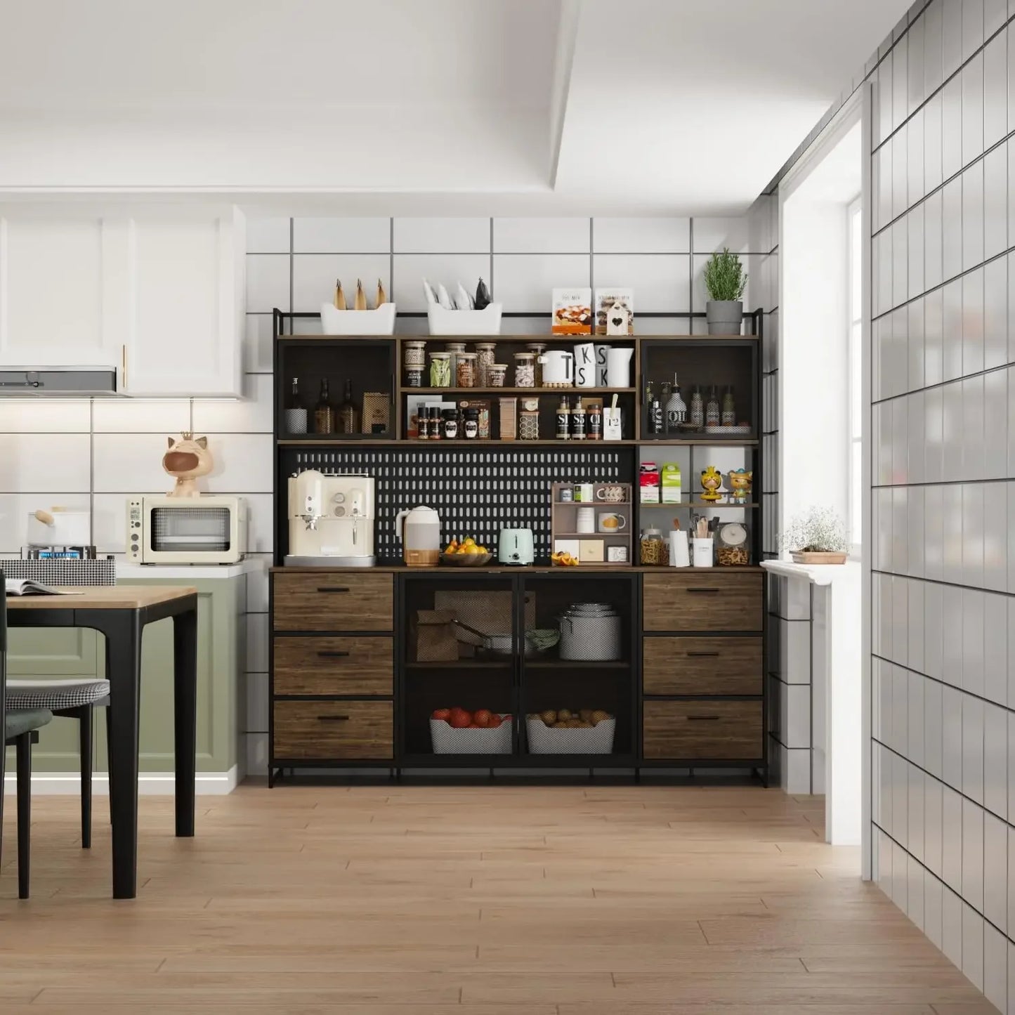 Sideboard Buffet Storage Cabinet with Hutch, Pegboard,  Metal Mesh Doors, Drawers & Shelves, Kitchen Pantry Cupboard