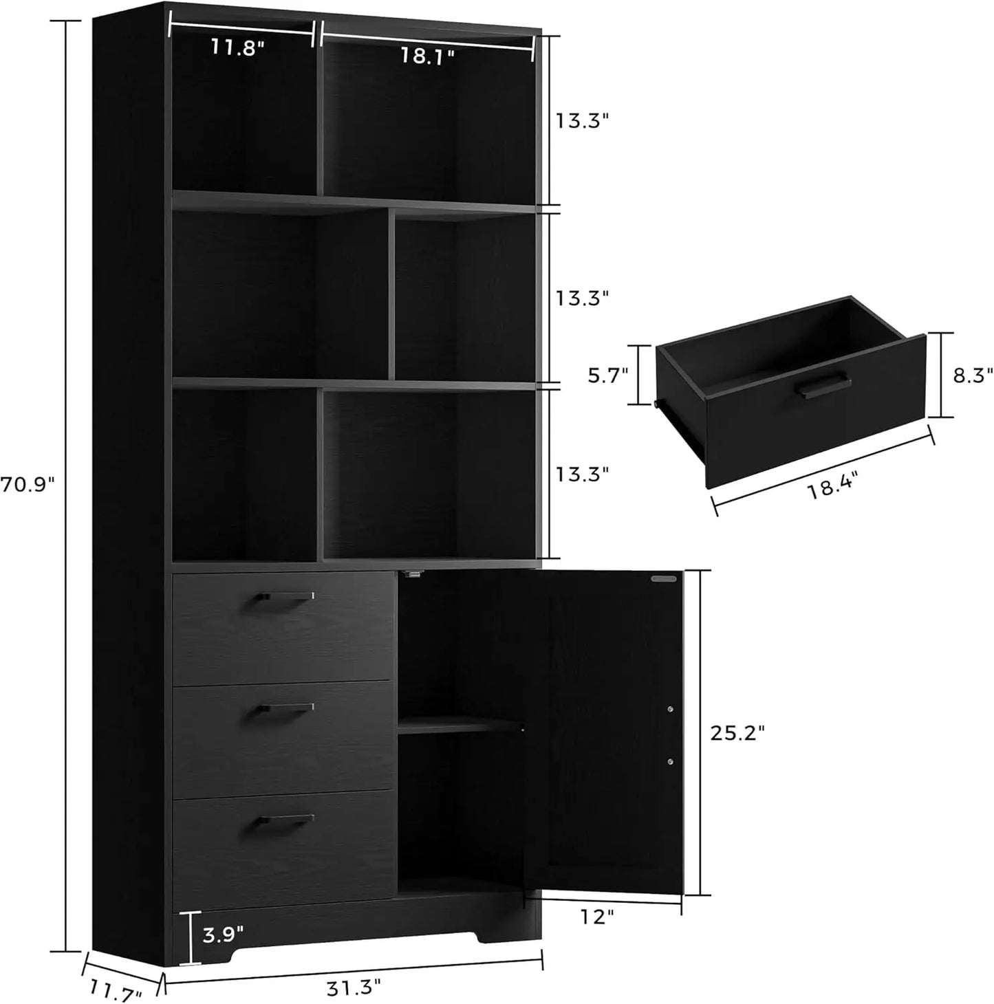 IRONCK Bookshelf with Drawers, 70.9 inch Tall Bookcase with Doors,Bookshelf with 6 Open Cubes for Home Office, Living Room