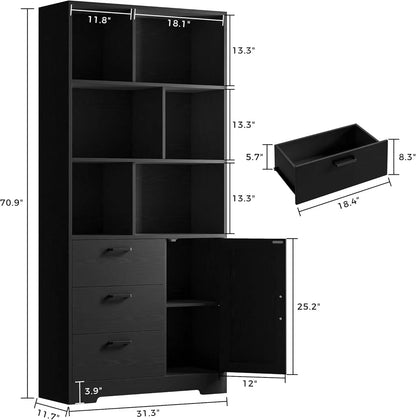 IRONCK Bookshelf with Drawers, 70.9 inch Tall Bookcase with Doors,Bookshelf with 6 Open Cubes for Home Office, Living Room