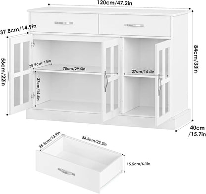 Sideboard Buffet Cabinet with Glass Doors, Buffet Sideboard Kitchen Sideboard Cabinet Buffet Table with 2 Storage Drawers