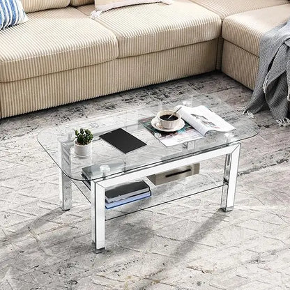 Elegant 2 Tiers of Shiny Silver Mirrored Coffee Table, Crystals Inlay,and Stainless Steel Frame,Modern Rectangle Cocktail Table/