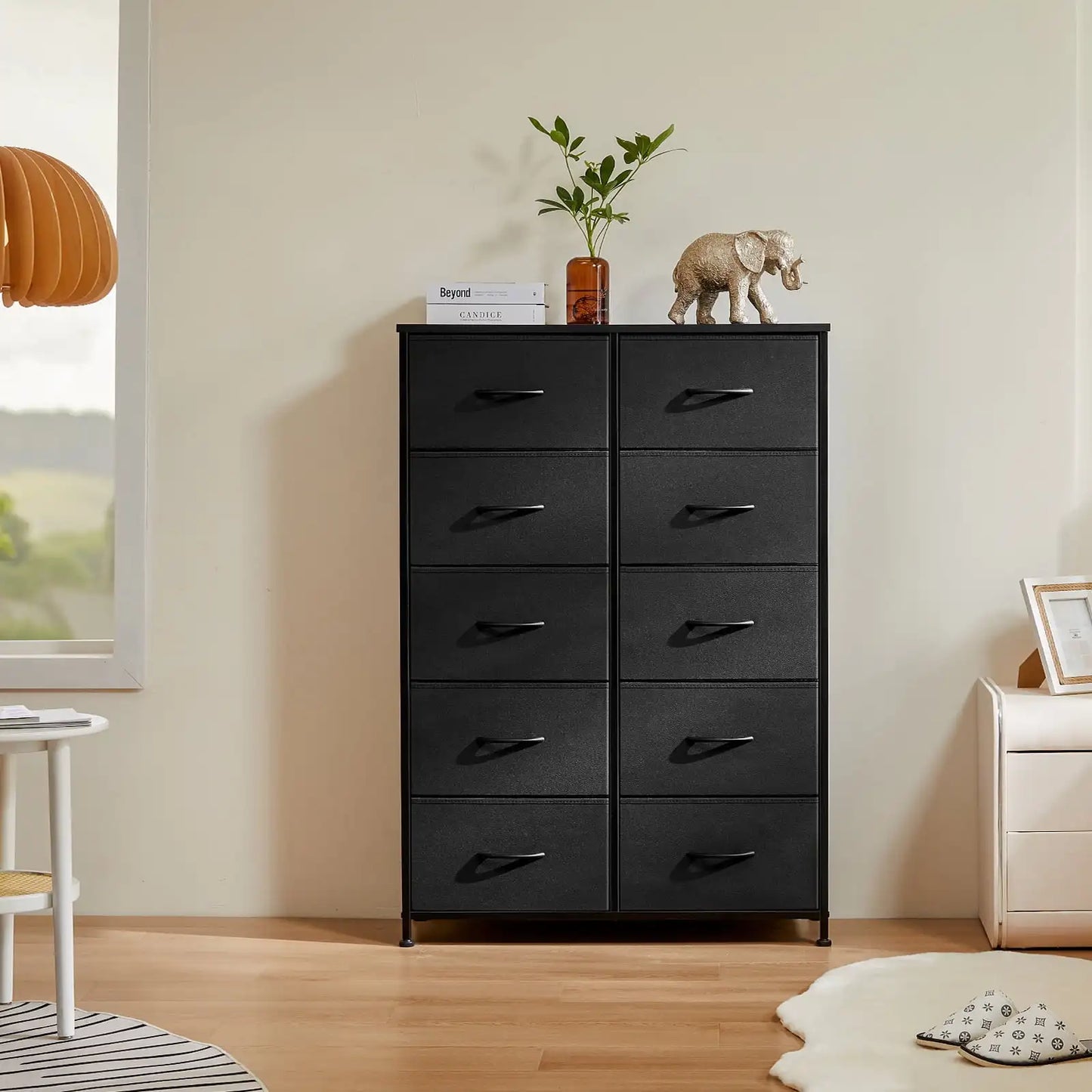 Dresser for Bedroom with 10 Drawers, Tall Chest Organizer with Fabric Bins, Freestanding Storage Cabinet, Black