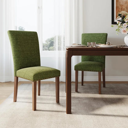 "Set of 2 Green Parsons Dining Chairs - Upholstered with Nailhead Trim, Thick Cushions & Wood Legs"