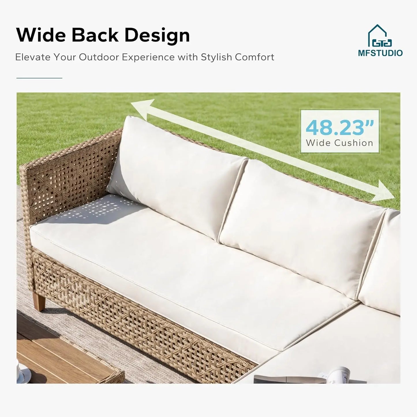 Patio Wicker Sectional Sofa Set 3 Pieces, Outdoor Small L-Shaped Couch Furniture Set with Wood Table and 2 Bench Sofa