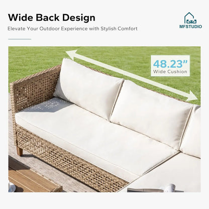 Patio Wicker Sectional Sofa Set 3 Pieces, Outdoor Small L-Shaped Couch Furniture Set with Wood Table and 2 Bench Sofa