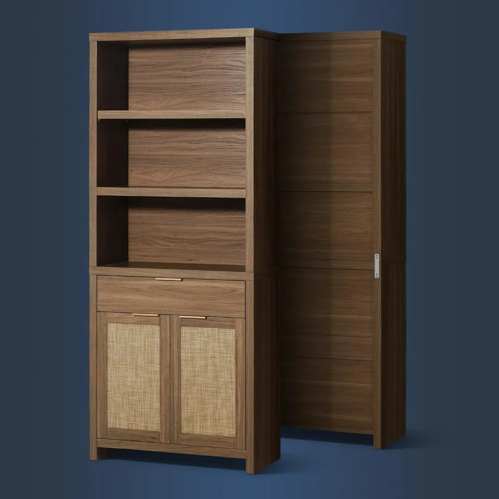 Hampstead Bookcase, Rattan Bookcase with Doors Cabinet and Drawer, 5-Tier Bookshelf, Large Wooden Book Case, Tall Bookshelves
