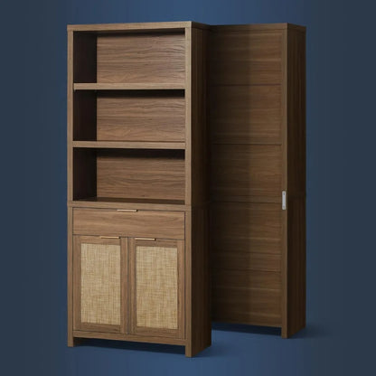 Hampstead Bookcase, Rattan Bookcase with Doors Cabinet and Drawer, 5-Tier Bookshelf, Large Wooden Book Case, Tall Bookshelves