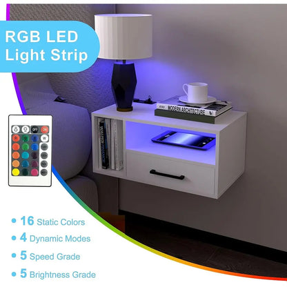 Floating Nightstand With Charging Station And Led Light Strips, 21.3"" Night Stand With Drawers, Floating Bedside With Usb