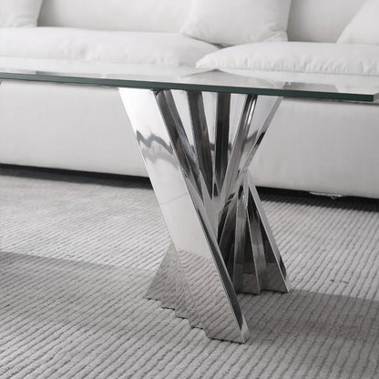 Modern Glass Stainless Steel Coffee Table, with Tempered Glass Top and Silver Mirror Finish Stainless Steel Base for Living Room