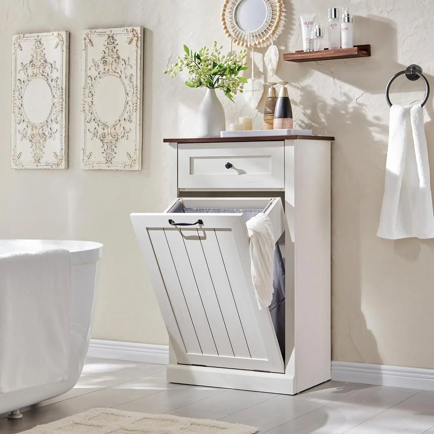 Double Tilt Out Laundry Hamper Cabinet, 20 Gallon Farmhouse Trash Can Cabinet with Drawer, Hidden Wood Garbage Can Bin Cabinet