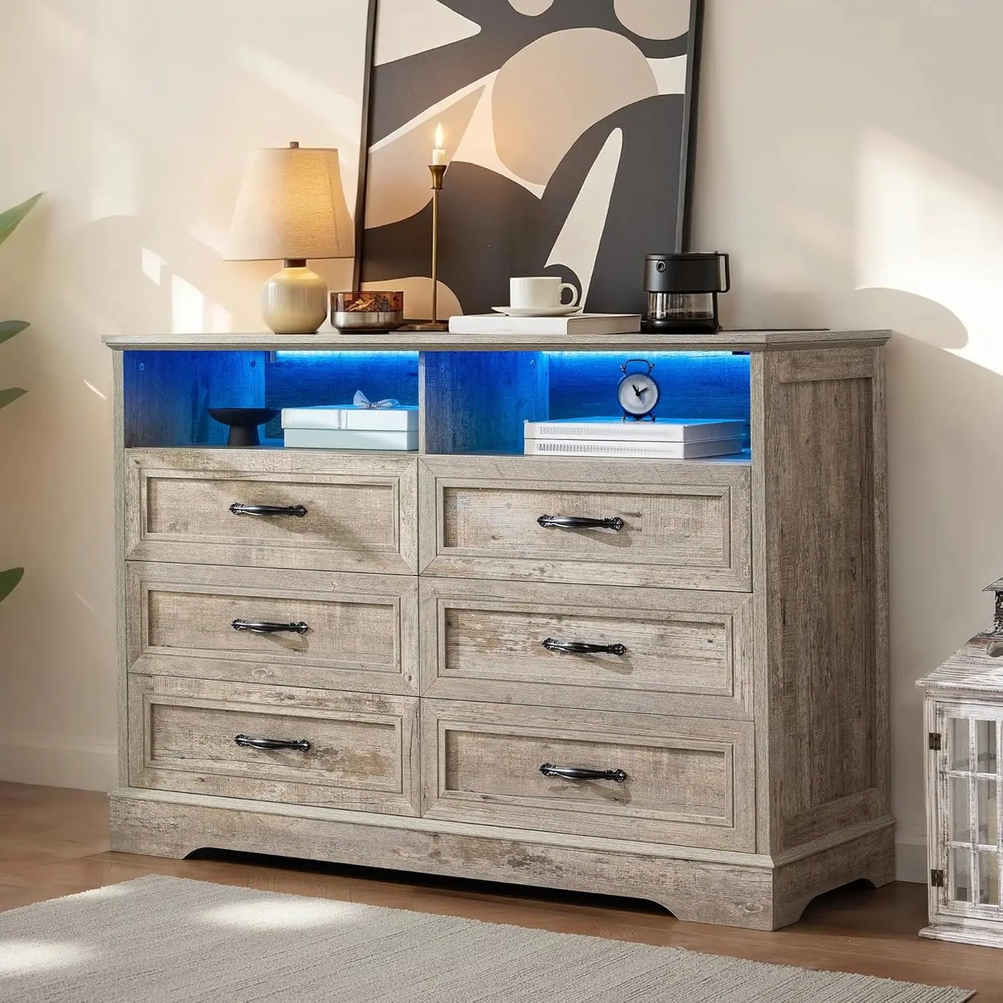 Dressers for Bedroom,6 Drawers Dresser with LED Light,Power Outlets and Open Shelves,Chests of Drawers for 65 inch TV