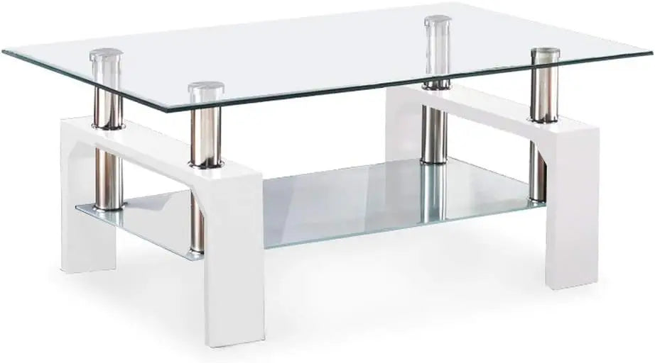 Rectangle Glass Coffee Table-Modern Side Coffee Table with Lower Shelf Black Wooden Legs-Suit for Living Room