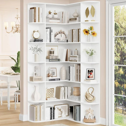 74” Tall Corner Bookshelf, 6-Tier Bookshelf and Bookcase with Open Storage, L Shaped Tall Bookcases Wooden Storage Shelves