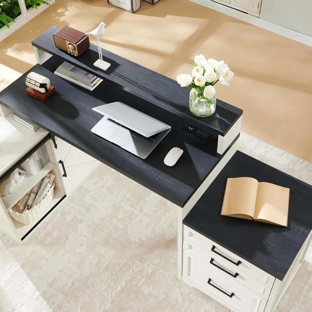 Home Office Desk, Modern Farmhouse Computer Desk with File Cabinet Letter T4 F4 Legal, Study Writing Desk, 67 Inch, Off White