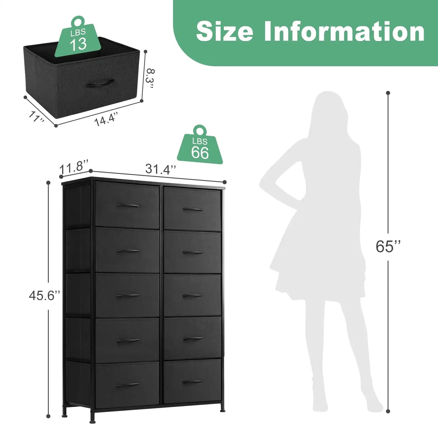 Dresser for Bedroom with 10 Drawers, Tall Chest Organizer with Fabric Bins, Freestanding Storage Cabinet, Black