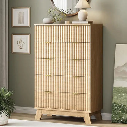 Fluted Dresser for Bedroom with 6 Drawers, 46" Tall Modern Chest of Drawers with Metal Handle, Wooden Dresser TV Stand, Wood Clo
