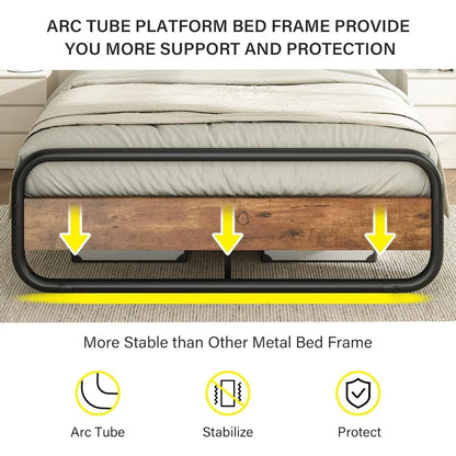 Full Size Bed Frame, Metal Full Bed Frame with LED Headboard and Footboard, Rustic Industrial Heavy Duty Wooden Platfo