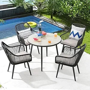 5-Piece Patio Dining Set, Outdoor Dining Table Chair Set, All-Weather Twisted Rattan Wicker Rope Conversation Set, Patio Furnit