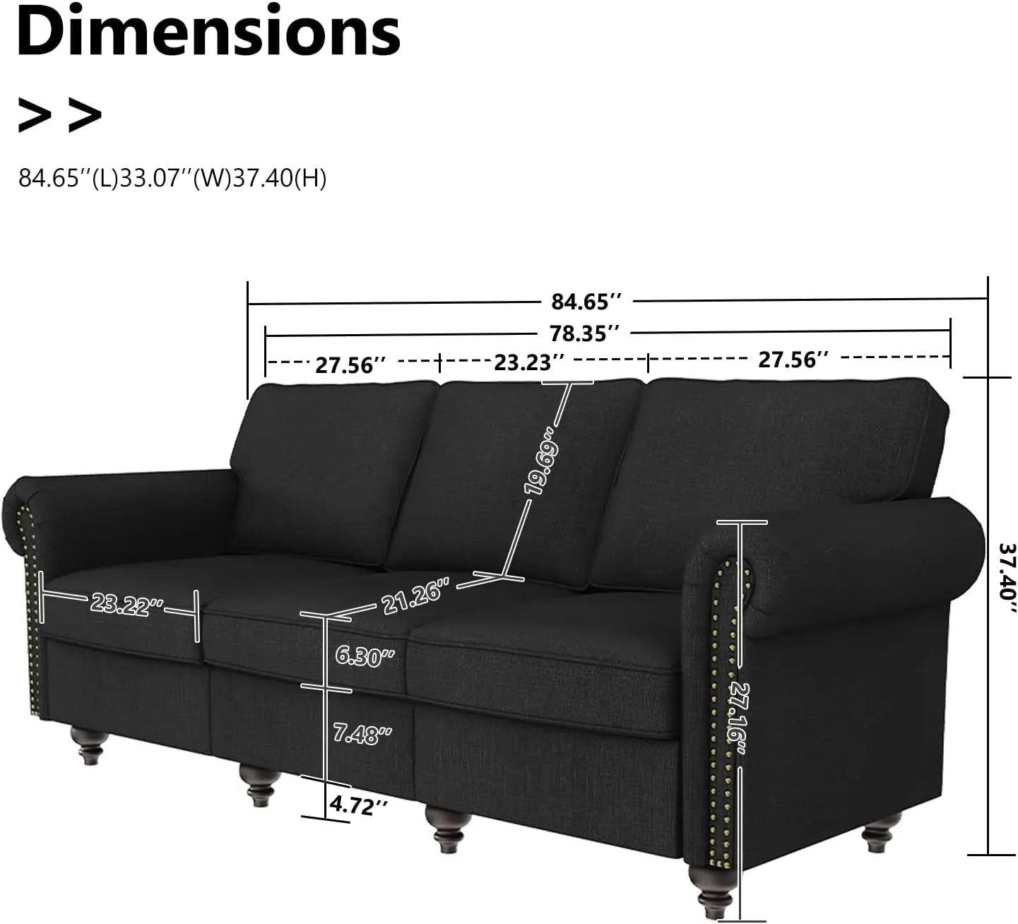 3 Seater Sofa with Reversible Back Cushions, Modern Couch with Rolled Arms for Living Room Apartment