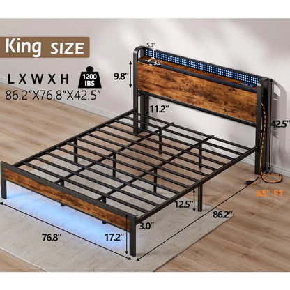 King Size Bed Frame with LED Light,Industrial Storage Shelf Headboard with Power Outlet and USB Port bedroom furniture