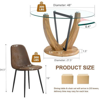 Round Dining Table Set for 4, 48 Inches Kitchen Table with 4 Brown Chairs, Tempered Glass Tabletop with Wood Pedestal Base
