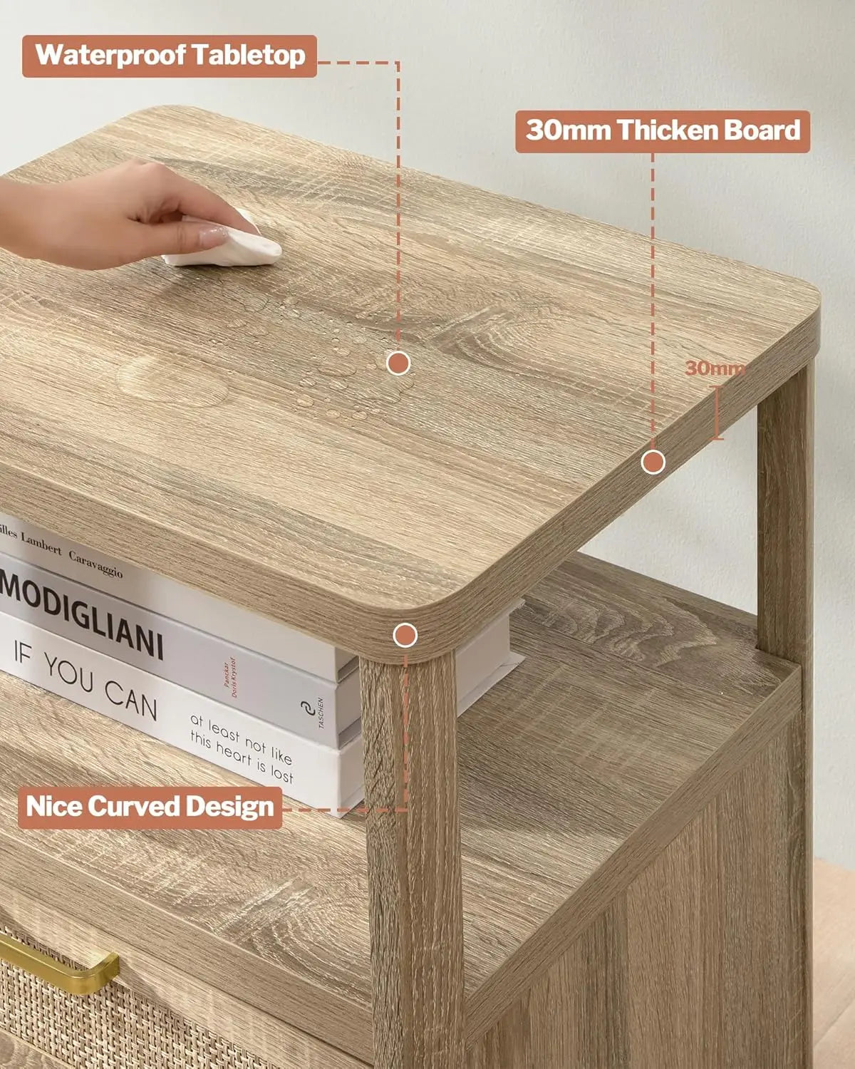 Nightstands Set of 2 - Rattan Night Stand Bedside Table with 2 Rattan Drawers, Open Storage Shelf