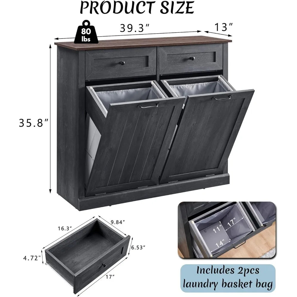 Double Tilt Out Laundry Hamper Cabinet, 20 Gallon Farmhouse Trash Can Cabinet with Drawer, Hidden Wood Garbage Can Bin Cabinet