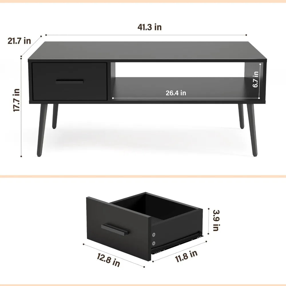 Coffee Table, Mid Century Style Cocktail Table TV Stand with Drawer, Open Storage Shelf, Stable Floor-Anti-Scratching Pine Leg