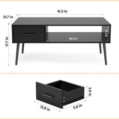 Coffee Table, Mid Century Style Cocktail Table TV Stand with Drawer, Open Storage Shelf, Stable Floor-Anti-Scratching Pine Leg