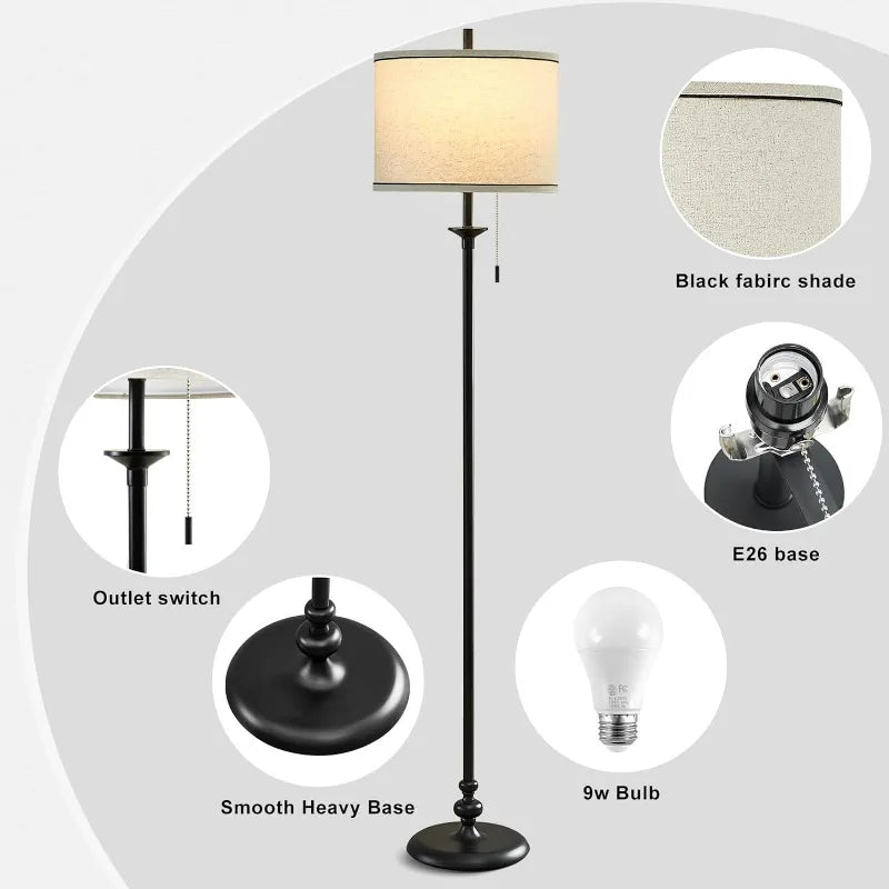 Modern Floor Lamp, 60" Standing Lamp for Living Room with Fabric Lamp Shade&Pull Chain, Corner Tall Reading Light