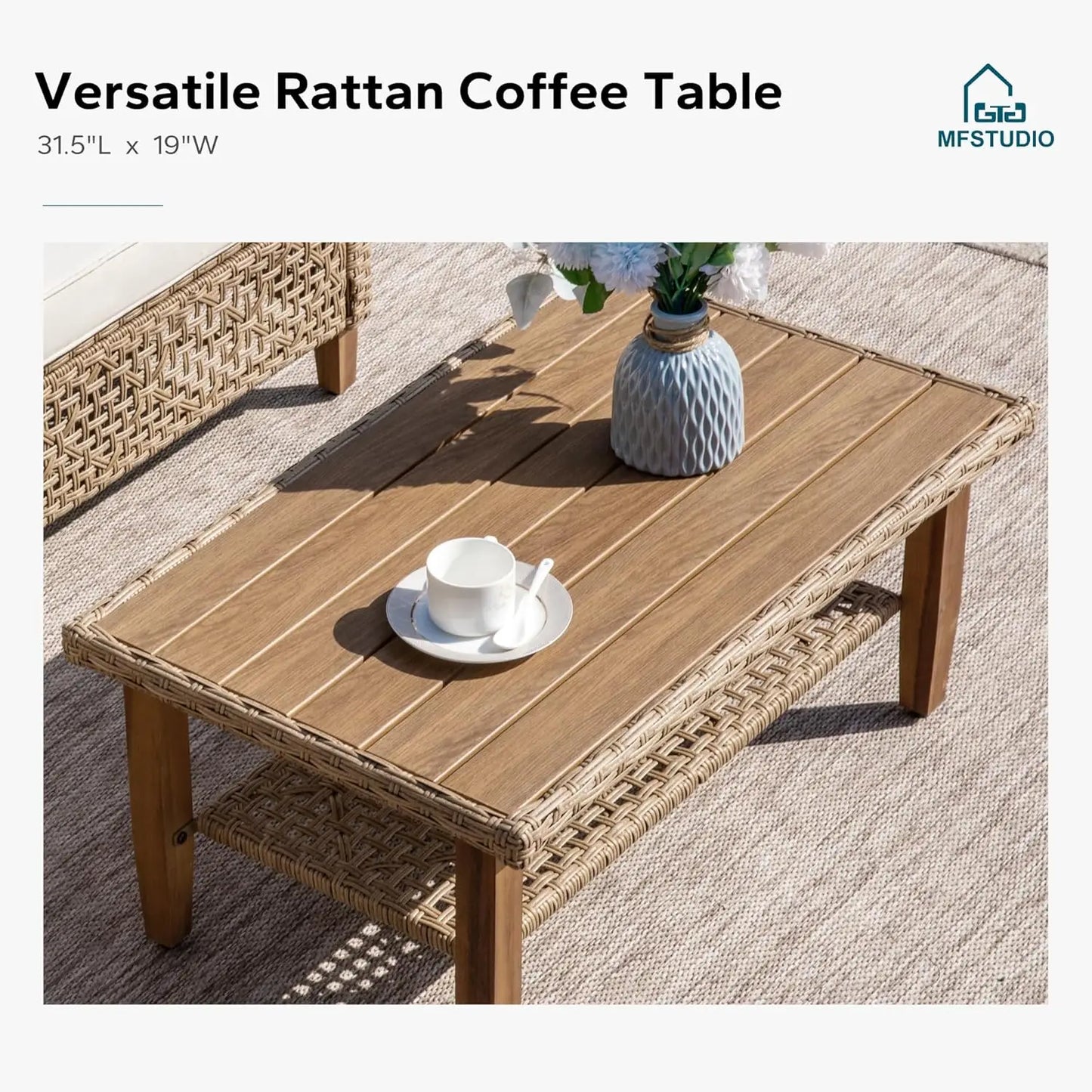 Patio Wicker Sectional Sofa Set 3 Pieces, Outdoor Small L-Shaped Couch Furniture Set with Wood Table and 2 Bench Sofa